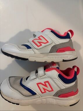 New Balance Kids White, Blue & Pink Velcro Sneakers